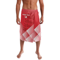 Red patterned lavalava shorts with elastic waistband and bold cricket-style graphic, size 14
