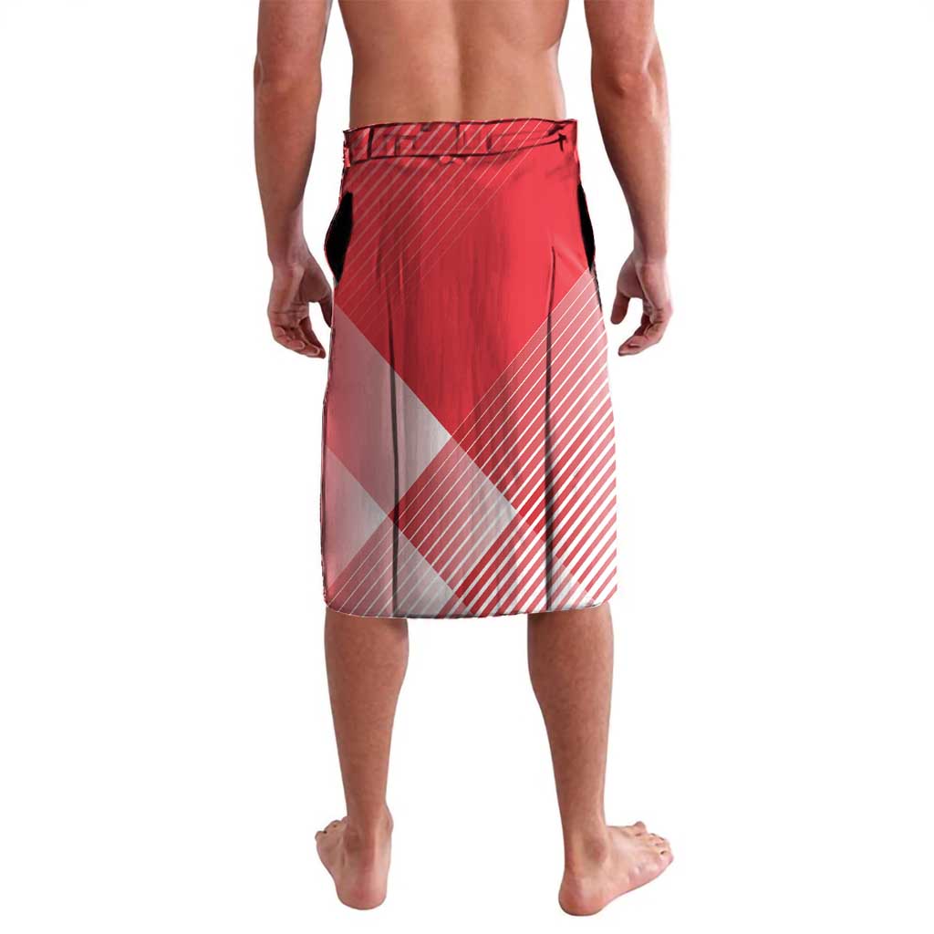 Red patterned lavalava shorts with elastic waistband and crosshatch graphic, back view