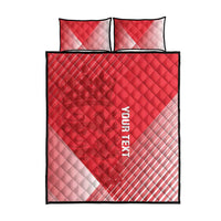 Red quilt bed set with white stripes, two matching pillows, 'YOUR TEXKY' centered