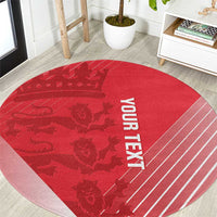 Red round cricket rug with 'YOUR TEXT' print and white striped border