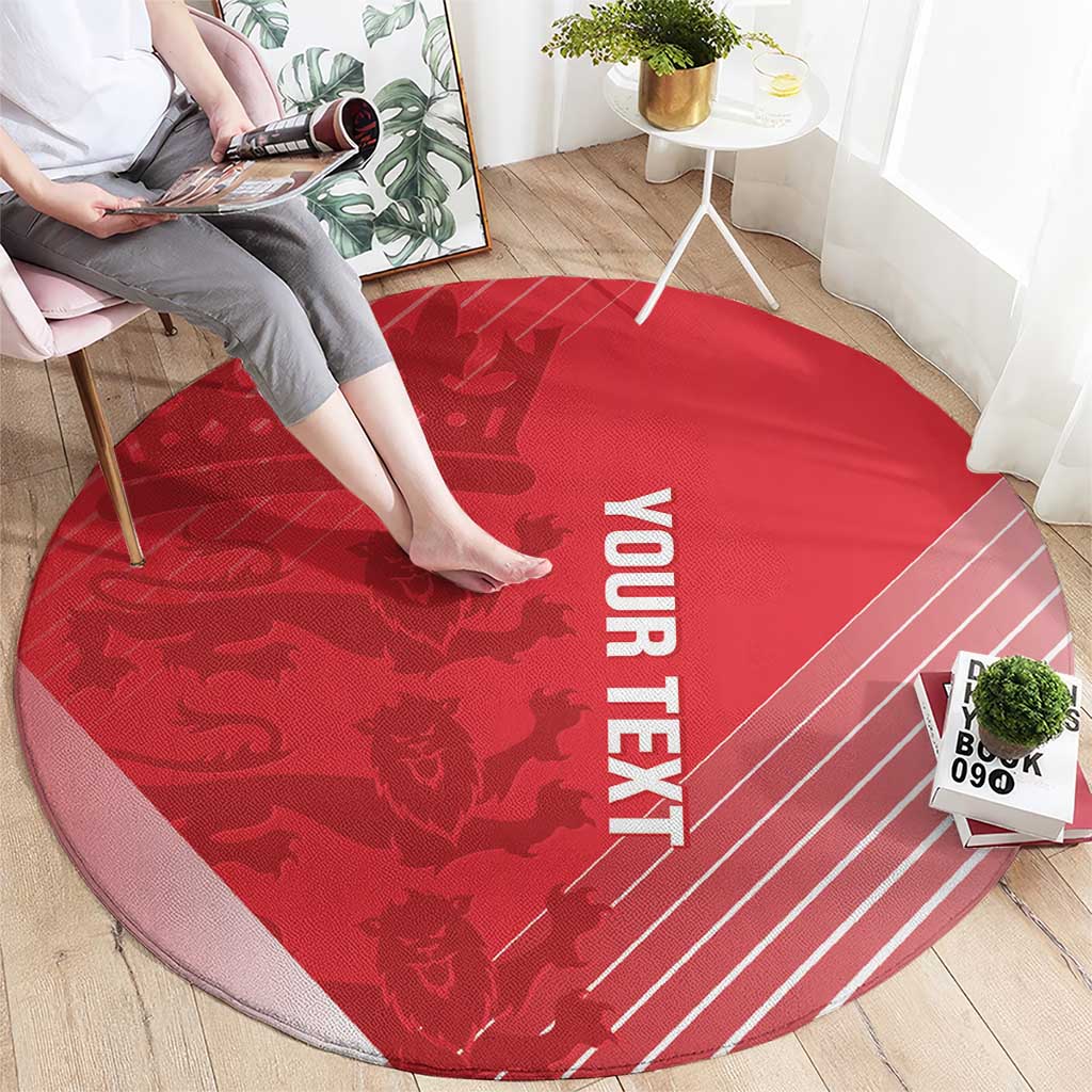 Red round cricket rug with 'YOUR TEXT' print, dark pattern, and white stripes
