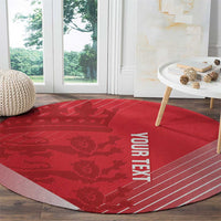 Red round cricket rug with 'YOUR TEXT' print and white diagonal stripe trim
