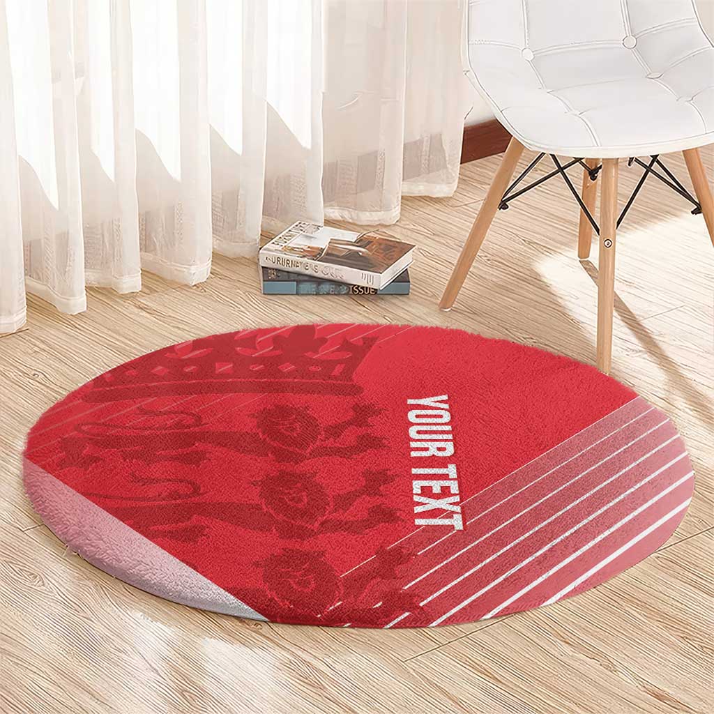 Red round cricket rug with 'YOUR TEXT' print and white striped border