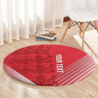 Red round cricket rug with 'YOUR TEXT' print and white striped border