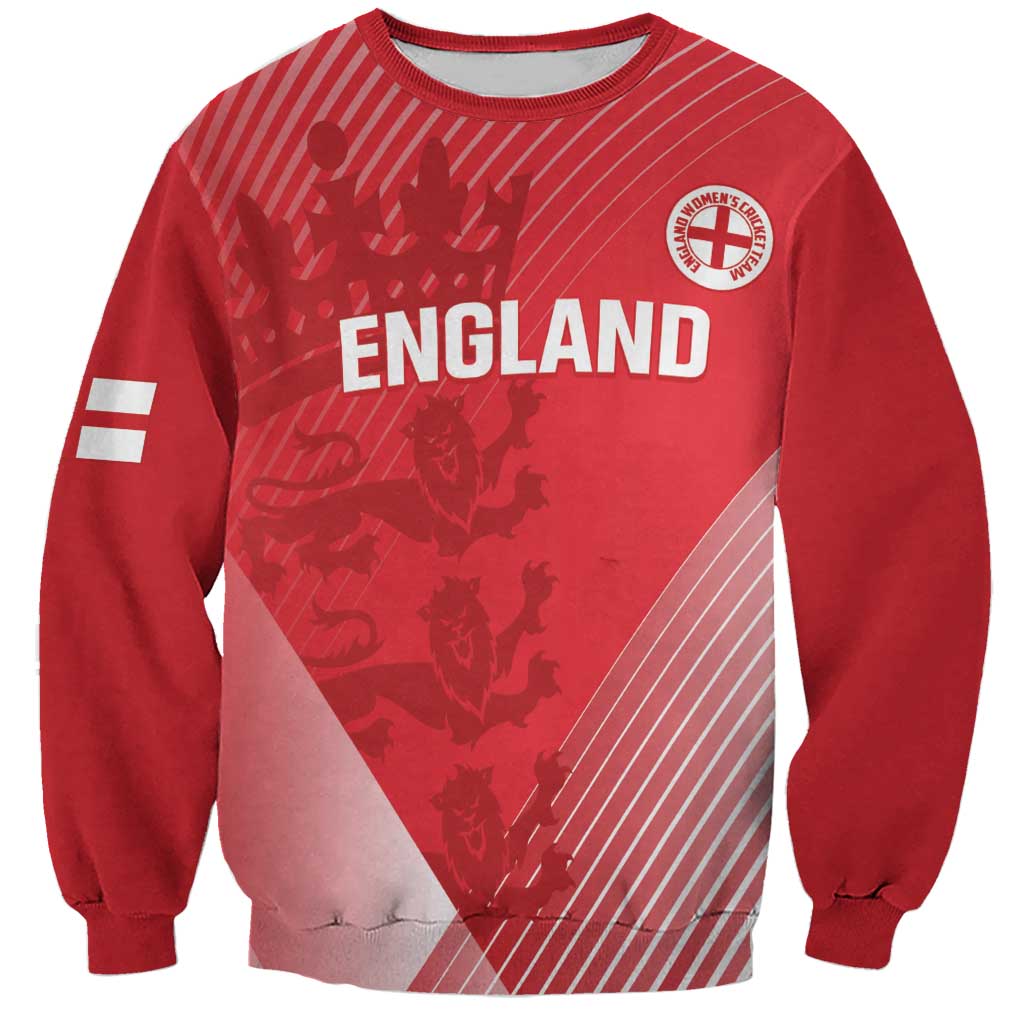 Red crewneck cricket sweatshirt with England graphic and lion badge, long sleeves