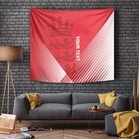 Red cricket-themed tapestry wall hanging with crown emblem, diagonal stripes, YOURTEX text