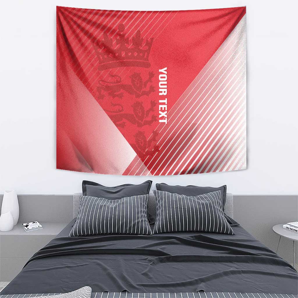 Red tapestry wall hanging with crown emblem and white diagonal stripe panel, YOURTEX