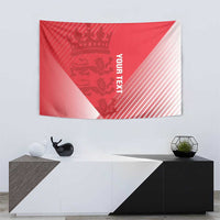Red cricket tapestry wall hanging with crown graphic, white diagonal stripes, YOURTEX lettering