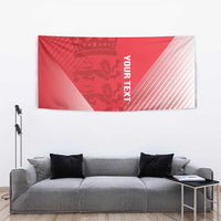 Red cricket tapestry with crown emblem and white striped diagonal panel, YOURTEX
