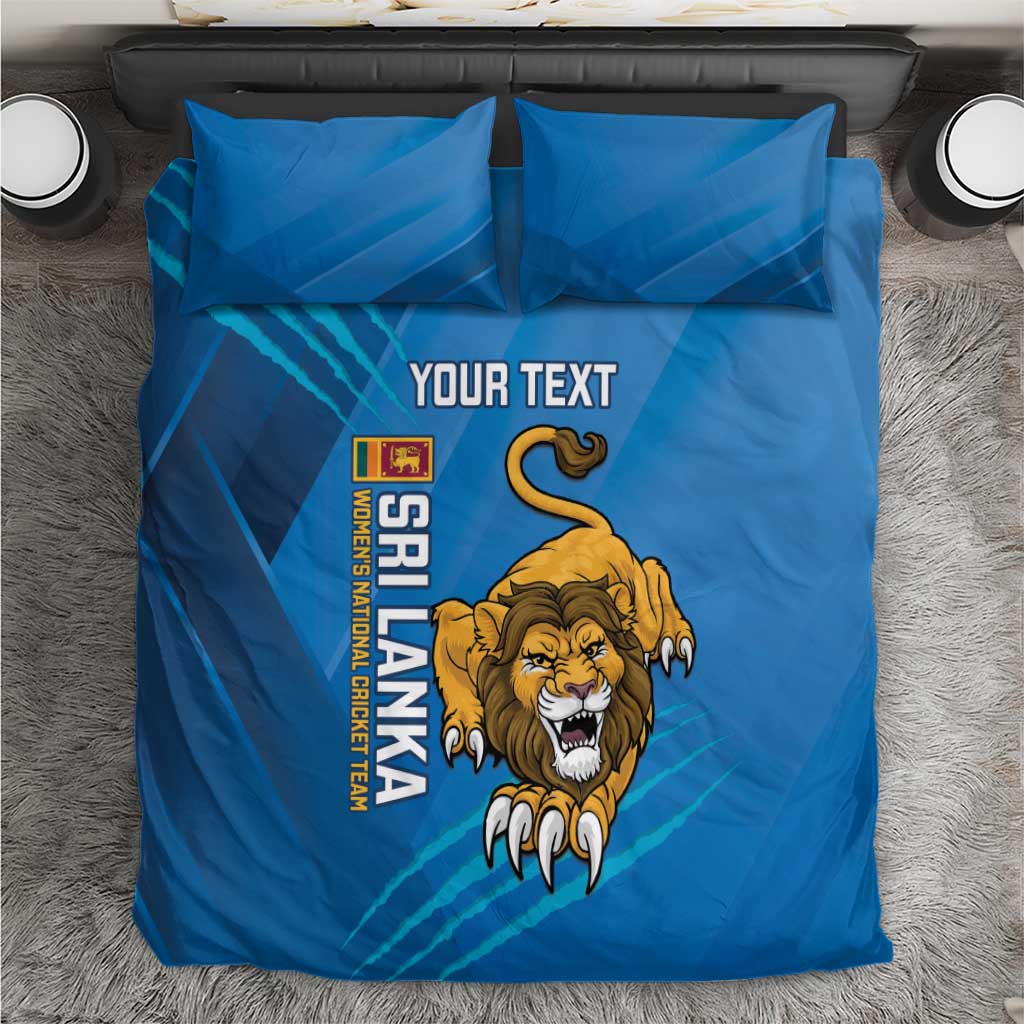 Blue cricket bedding set with lion graphic and custom text on duvet and pillowcases