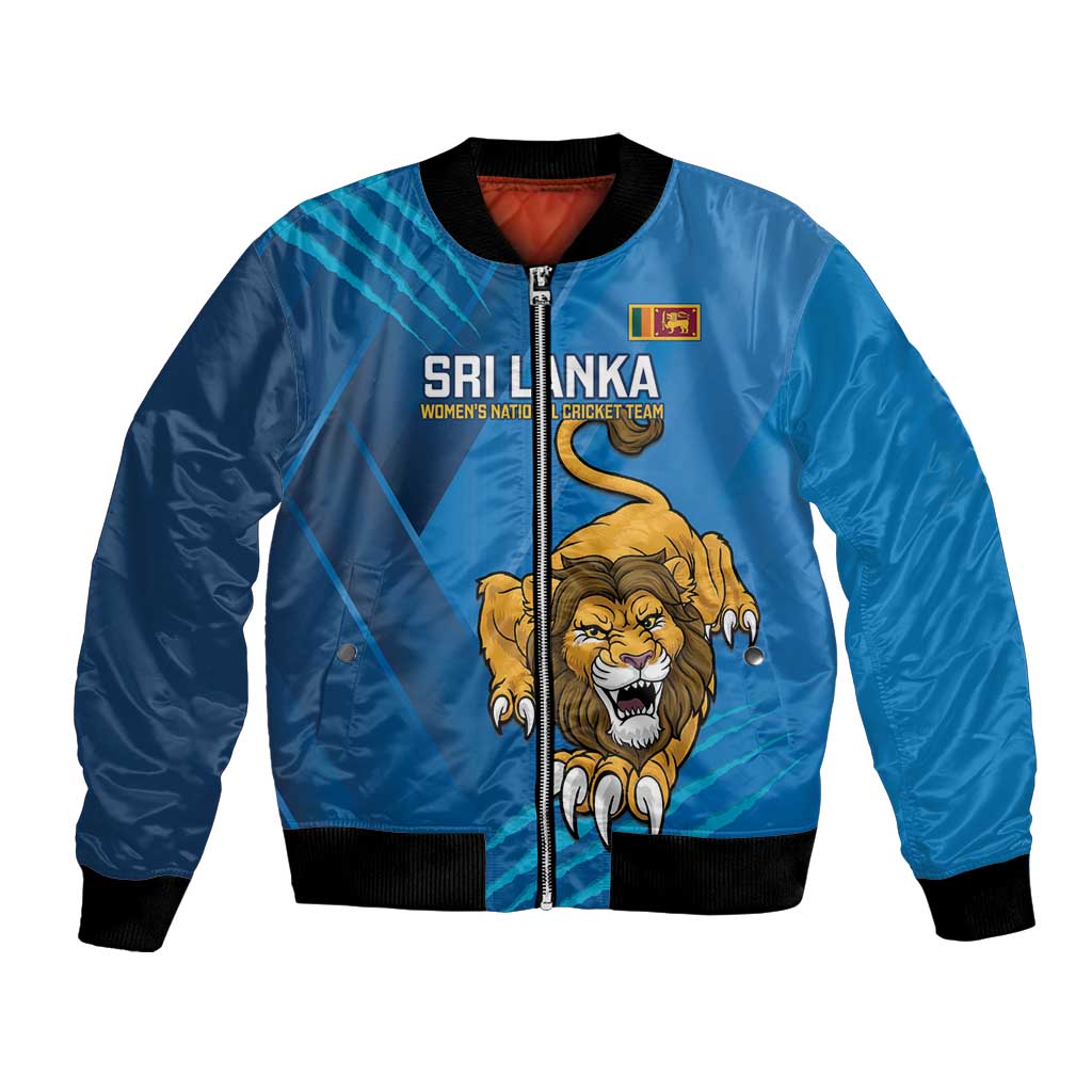 Blue bomber jacket with full-zip front, Sri Lanka patch and lion graphic