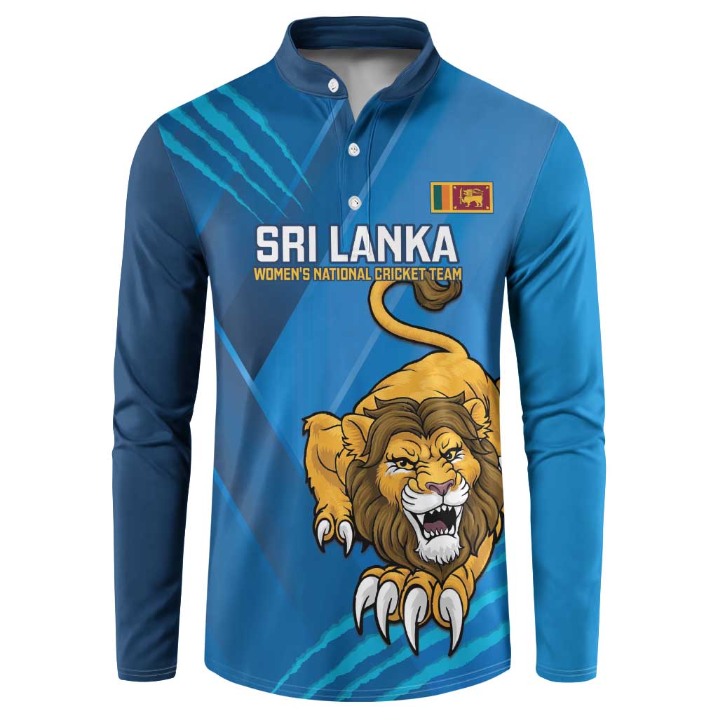 Blue henley button sweatshirt with Sri Lanka team text and roaring lion graphic front