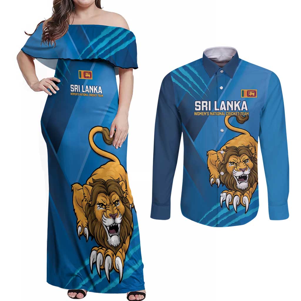 Custom Sri Lanka Cricket Couples Matching Off Shoulder Maxi Dress and Long Sleeve Button Shirt Go Champions Lion Sporty Style - Wonder Print Shop