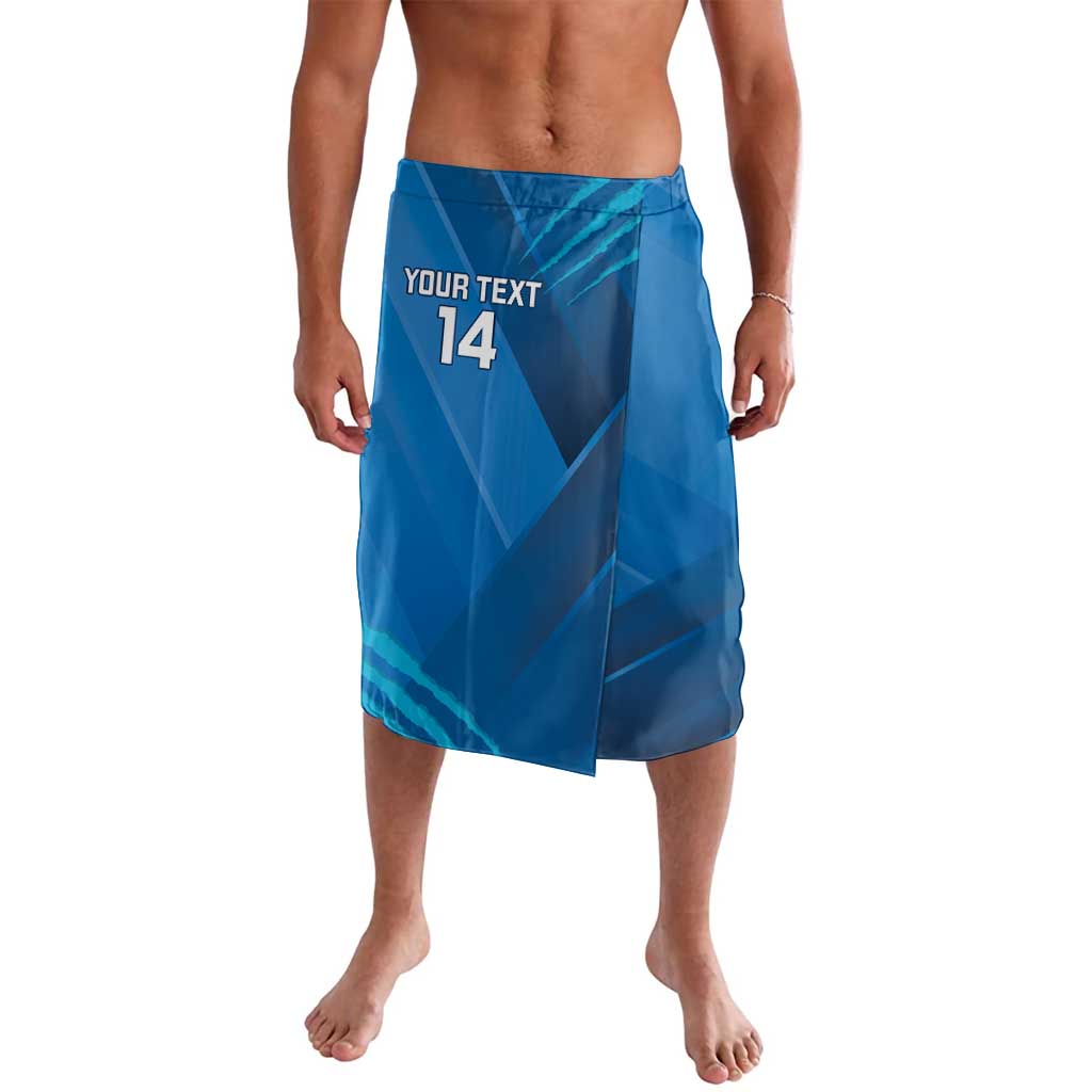 Blue cricket-style lavalava wrap shorts with 'YOUR TEXT 14' and geometric graphics