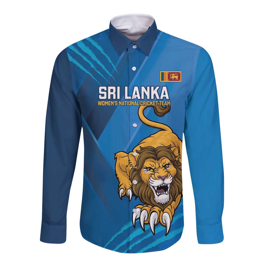 Blue long-sleeve button cricket shirt, SRI LANKA text and lion graphic on front