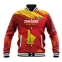 Red baseball jacket with yellow Zimbabwe chevrons, front bird trophy graphic, snap buttons