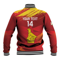 Red baseball jacket back with yellow bird trophy, 'YOUR TEXT' 14, striped ribbed collar