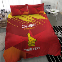 Red bedding set with Zimbabwe text, Your Text banner, yellow bird graphic, 2 pillows