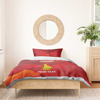 Red bedding set with Zimbabwe text, Your Text lettering, and yellow bird graphic