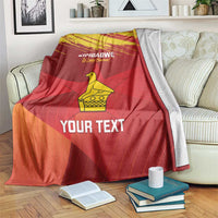 Zimbabwe cricket blanket in red with yellow emblem and “YOUR TEXT” printed design