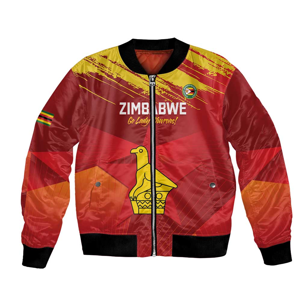 Red cricket bomber jacket with front zipper, black ribbed trim, Zimbabwe crest and parrot