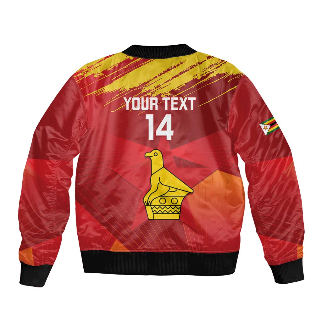 Red cricket bomber jacket with black ribbed collar and cuffs, back parrot graphic, '14'