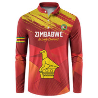 Red cricket button sweatshirt with Zimbabwe crest, yellow graphic and long sleeves
