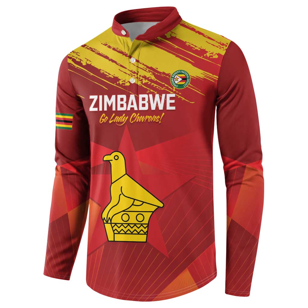 Red cricket pullover with yellow chevron print, Zimbabwe text and crest, long sleeves