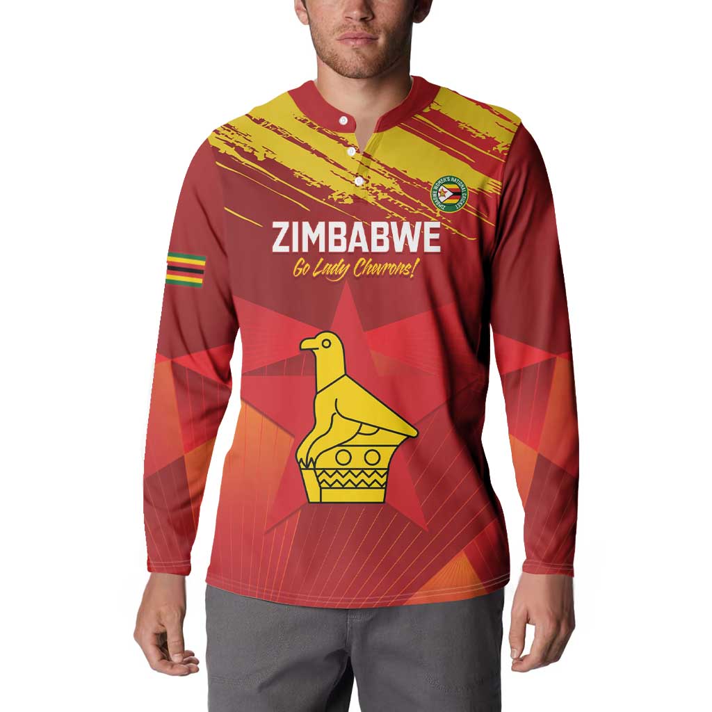 Red cricket button sweatshirt on model, Zimbabwe logo and yellow bird graphic, long sleeves