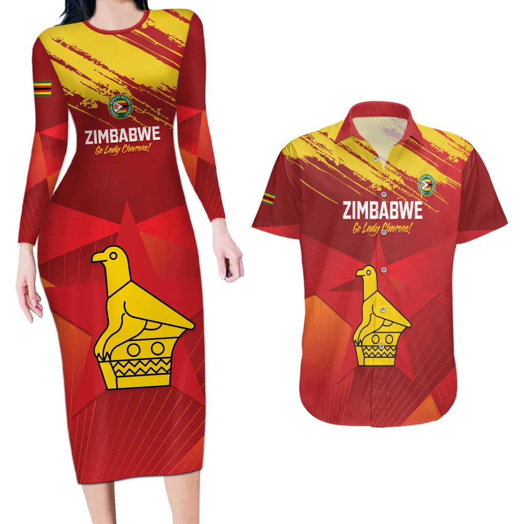 Custom Zimbabwe Cricket Couples Matching Long Sleeve Bodycon Dress and Hawaiian Shirt Go Lady Chevrons Grunge Style - Wonder Print Shop