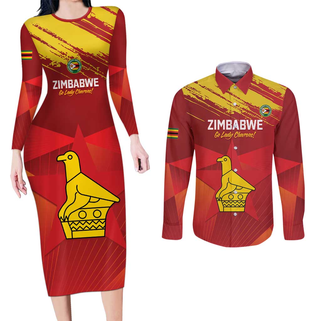 Custom Zimbabwe Cricket Couples Matching Long Sleeve Bodycon Dress and Long Sleeve Button Shirt Go Lady Chevrons Grunge Style - Wonder Print Shop