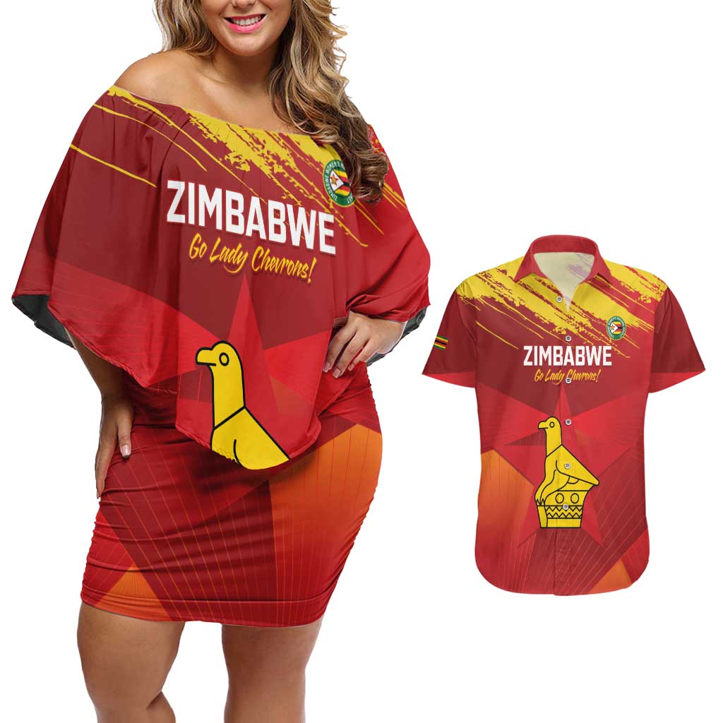 Custom Zimbabwe Cricket Couples Matching Off Shoulder Short Dress and Hawaiian Shirt Go Lady Chevrons Grunge Style - Wonder Print Shop