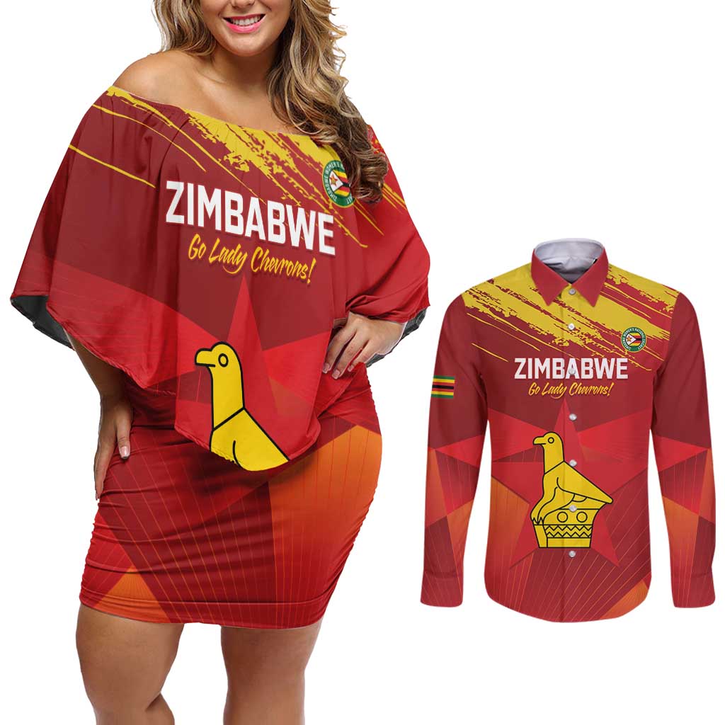 Custom Zimbabwe Cricket Couples Matching Off Shoulder Short Dress and Long Sleeve Button Shirt Go Lady Chevrons Grunge Style - Wonder Print Shop