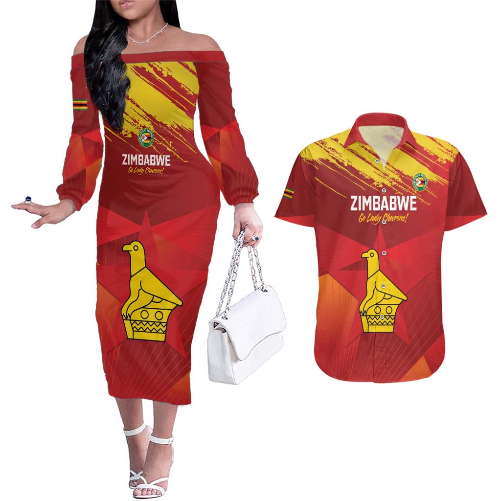 Custom Zimbabwe Cricket Couples Matching Off The Shoulder Long Sleeve Dress and Hawaiian Shirt Go Lady Chevrons Grunge Style - Wonder Print Shop