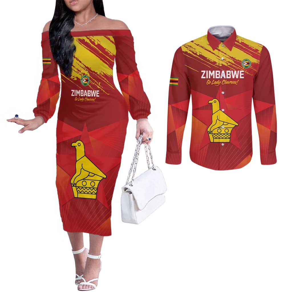 Custom Zimbabwe Cricket Couples Matching Off The Shoulder Long Sleeve Dress and Long Sleeve Button Shirt Go Lady Chevrons Grunge Style