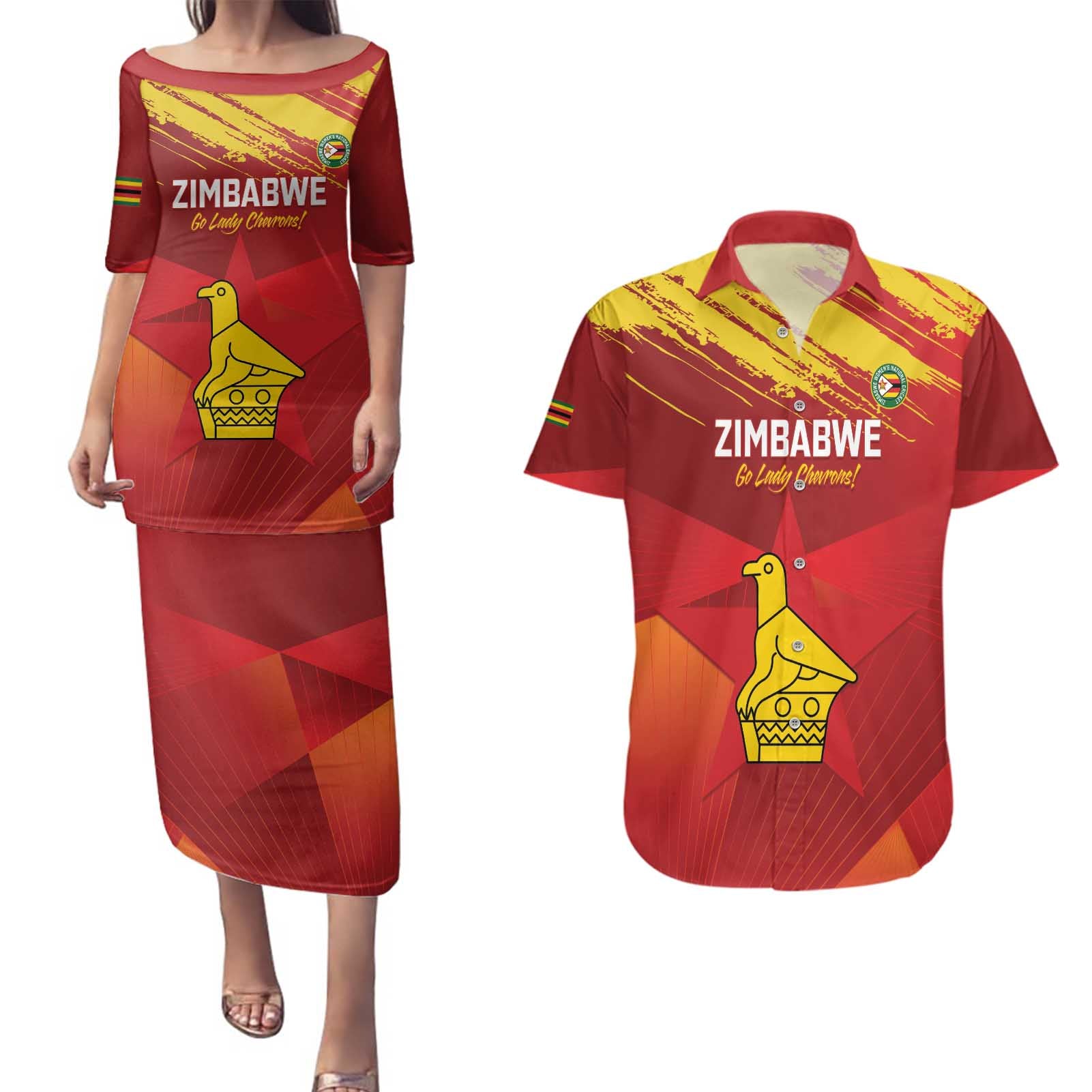 Custom Zimbabwe Cricket Couples Matching Puletasi and Hawaiian Shirt Go Lady Chevrons Grunge Style - Wonder Print Shop