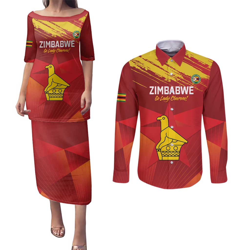 Custom Zimbabwe Cricket Couples Matching Puletasi and Long Sleeve Button Shirt Go Lady Chevrons Grunge Style - Wonder Print Shop