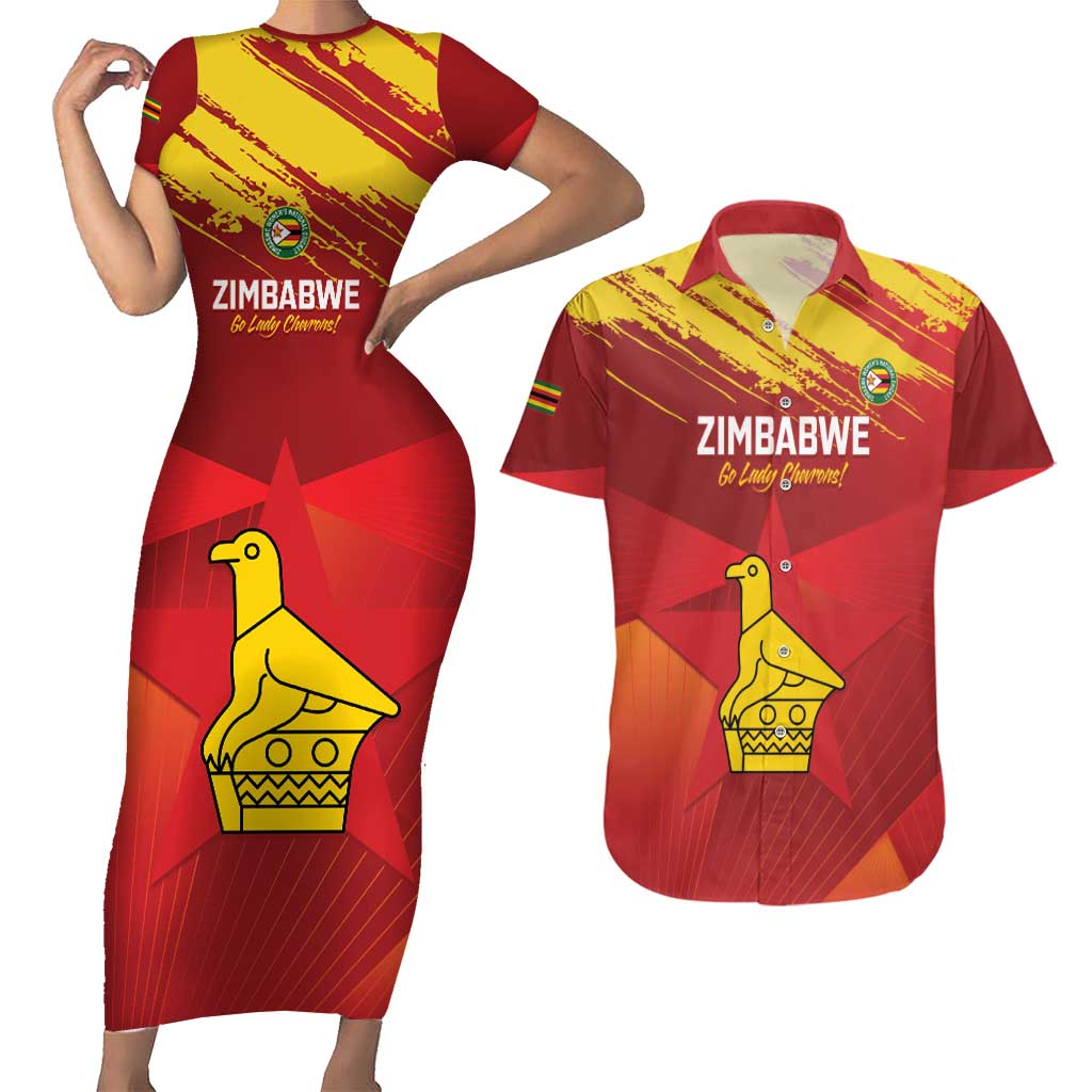 Custom Zimbabwe Cricket Couples Matching Short Sleeve Bodycon Dress and Hawaiian Shirt Go Lady Chevrons Grunge Style - Wonder Print Shop