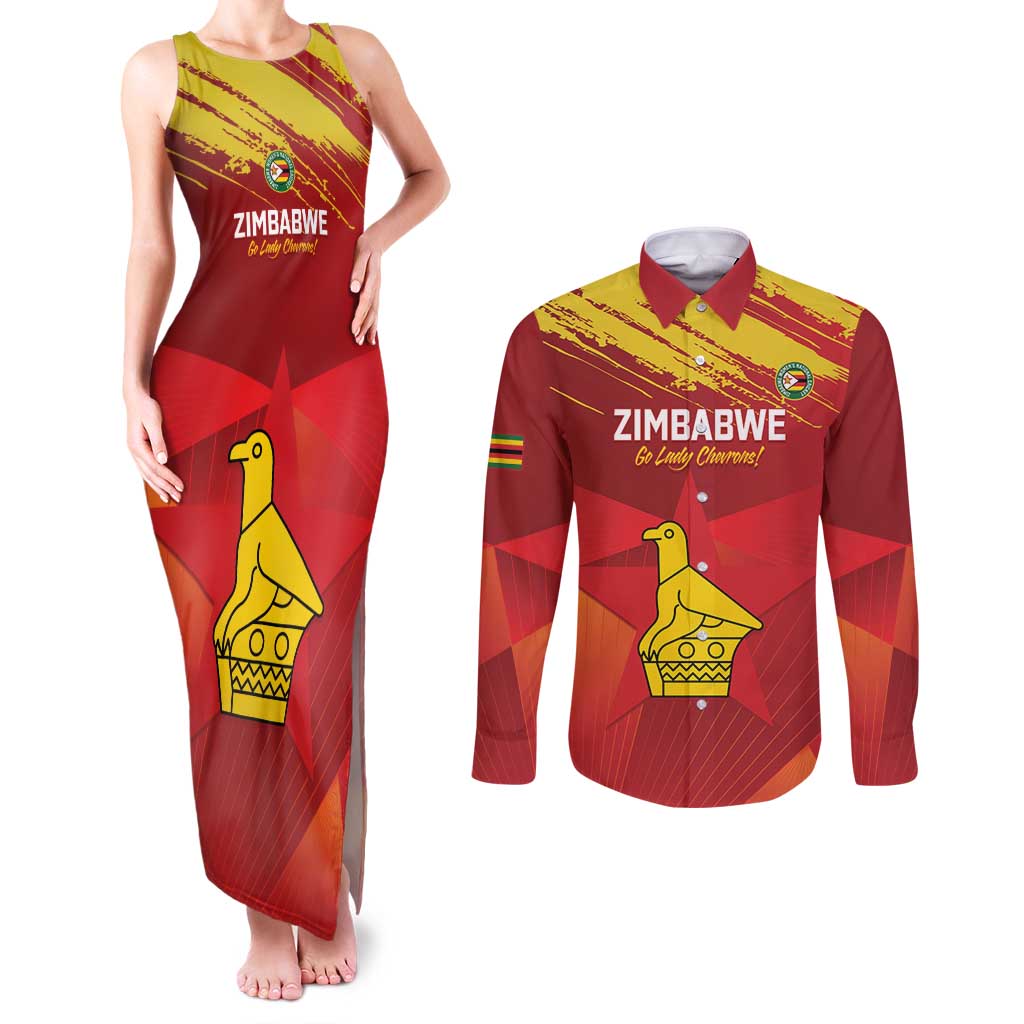 Custom Zimbabwe Cricket Couples Matching Tank Maxi Dress and Long Sleeve Button Shirt Go Lady Chevrons Grunge Style - Wonder Print Shop