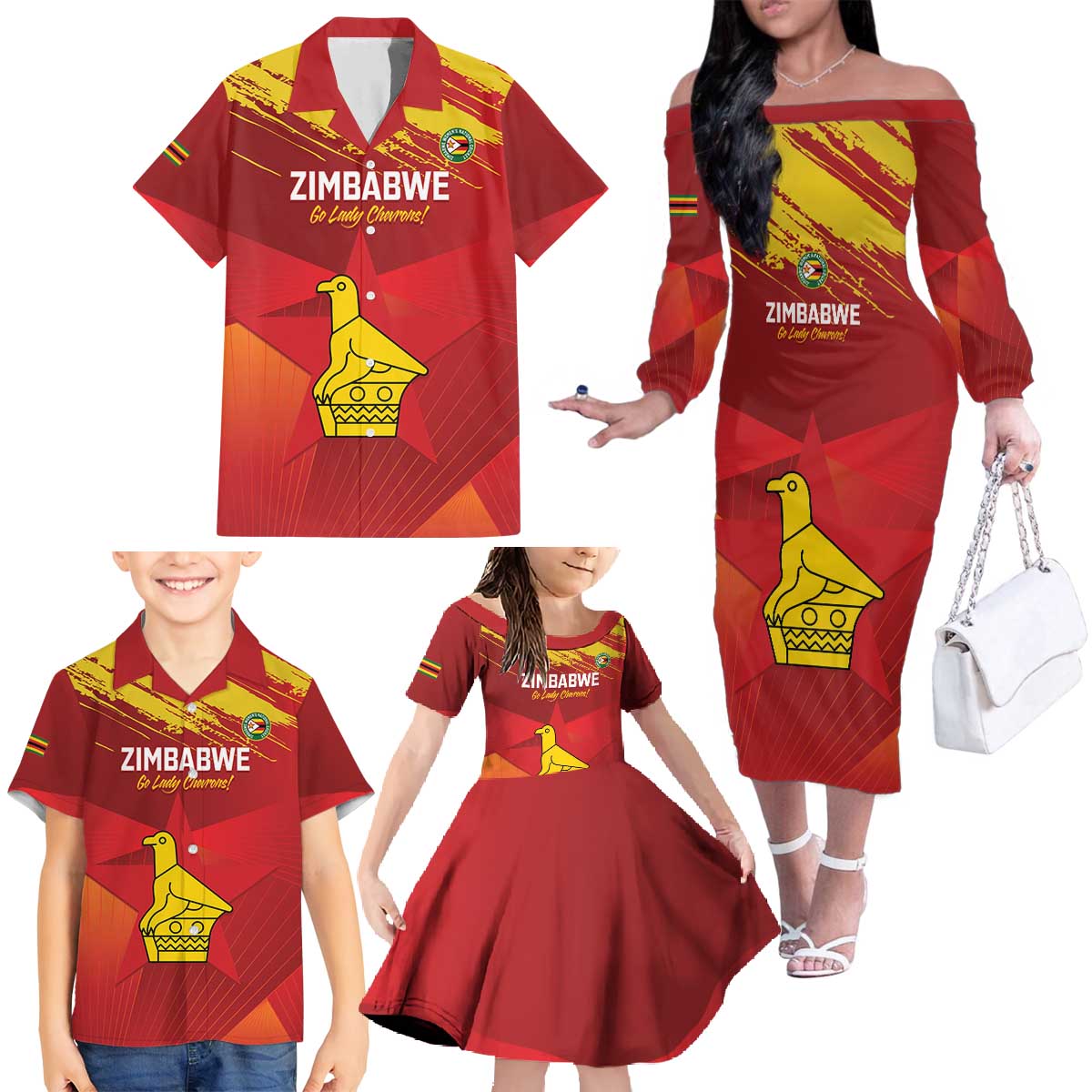 Custom Zimbabwe Cricket Family Matching Off The Shoulder Long Sleeve Dress and Hawaiian Shirt Go Lady Chevrons Grunge Style - Wonder Print Shop