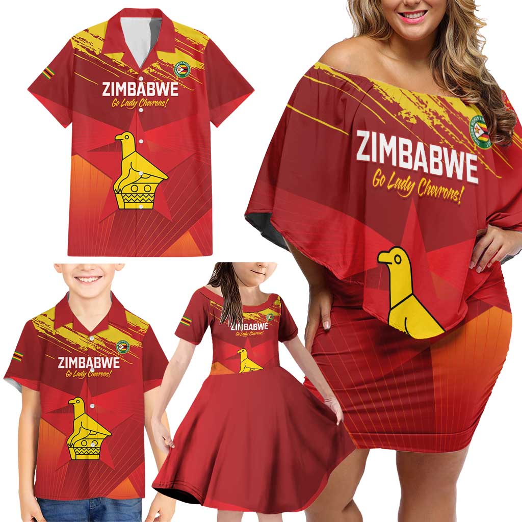 Custom Zimbabwe Cricket Family Matching Off Shoulder Short Dress and Hawaiian Shirt Go Lady Chevrons Grunge Style - Wonder Print Shop