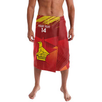 Red knee-length sarong-style skirt with yellow cricket emblem and custom number graphic