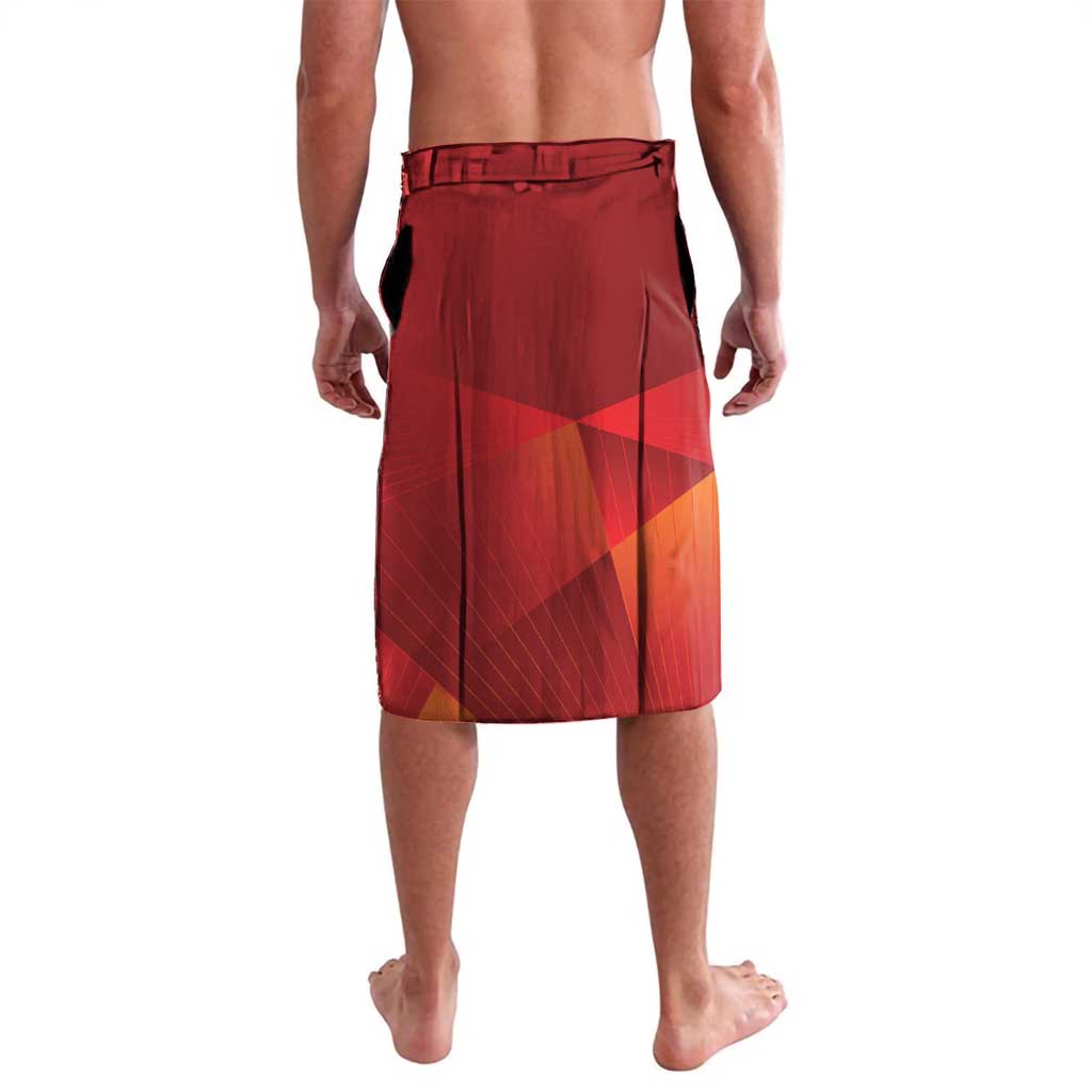 Red knee-length sarong-style skirt with abstract geometric pattern and black waistband