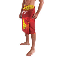 Red knee-length sarong-style skirt with yellow cricket emblem and grunge chevron design