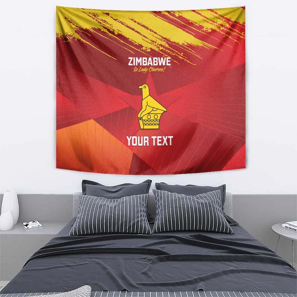 Custom cricket tapestry in red and yellow with Zimbabwe bird emblem, grunge rays, 'YOUR TEXT'