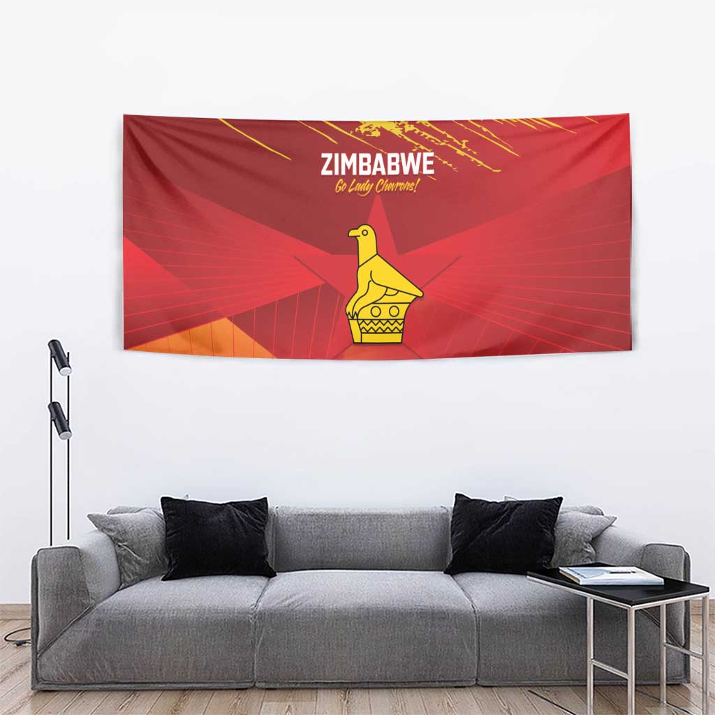 Custom cricket tapestry in red and yellow with Zimbabwe bird emblem and 'YOUR TEXT' banner