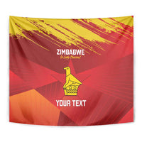 Custom cricket tapestry close-up in red and yellow with Zimbabwe bird emblem and 'YOUR TEXT'