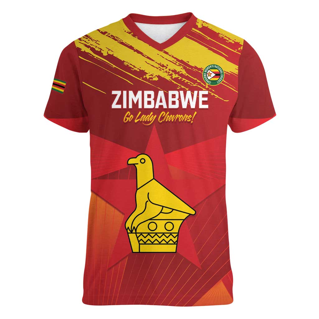 Custom Zimbabwe Cricket Women V-Neck T-Shirt Go Lady Chevrons Grunge Style - Wonder Print Shop