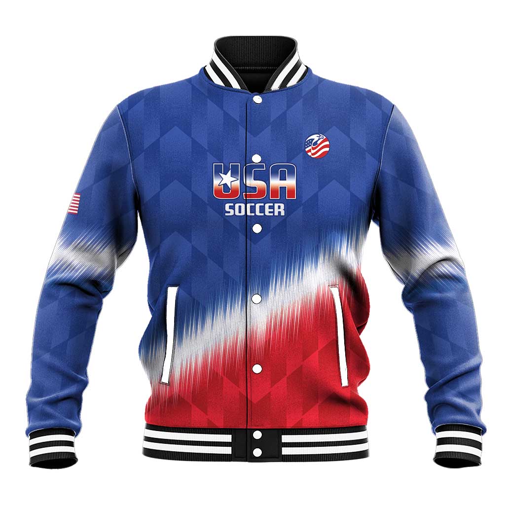 Blue red white varsity baseball jacket with JSA Soccer logo, striped rib collar and cuffs