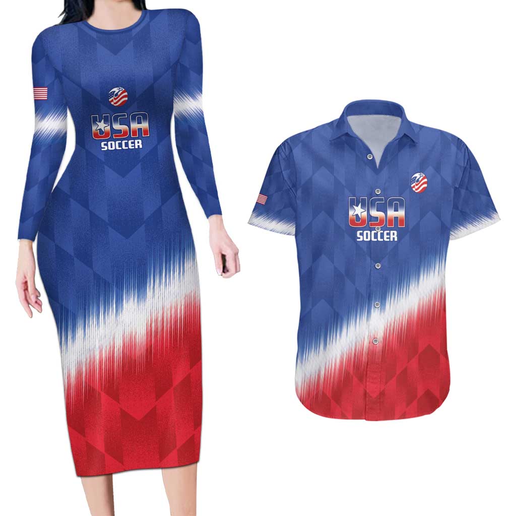 Custom United States Soccer Couples Matching Long Sleeve Bodycon Dress and Hawaiian Shirt 2025 Go USA Sporty Style - Wonder Print Shop